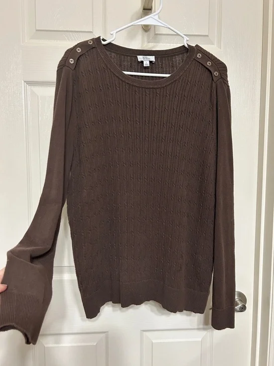 Kim Rogers Chocolate Brown Cotton Cable Knit Button Shoulder Crewneck Sweater L - Picture 15 of 15